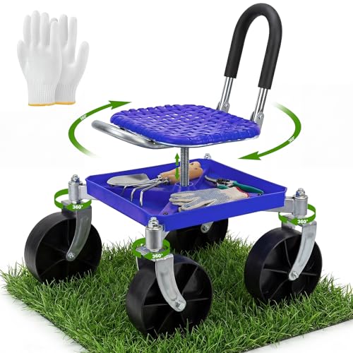 Cycayit Heavy-Duty 360° Swivel Rolling Garden Seat, 330 lbs Capacity, Height Adjustable 20-24 in, with Work Gloves for Weeding, Planting, Car Detailing
