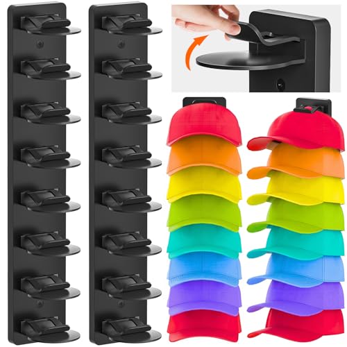 Eiito Hut-Organizer für Baseballkappen 2 Stück stark klebend Hutablage für Wand mehrschichtige Hutaufbewahrung Wandmontage Huthaken für bis zu 16 Hüte für Schranktür und Schlafzimmer (Black)