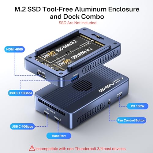 Image of ACASIS 40Gbps M.2 NVMe SSD Enclosure, Cooling Fan, Compatible with Thunderbolt 4 /3 /USB4, Tool-Free, Aluminum Dock Dual Monitor, Support Software RAID, 2 USBC 40Gbps for M1 /M2 /Windows