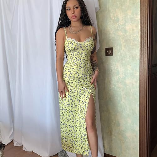 Image of Women Floral Maxi Dress Summer Spaghetti Strap Bodycon Split Slit Lace Trim Side Backless Elegant Long Dresses