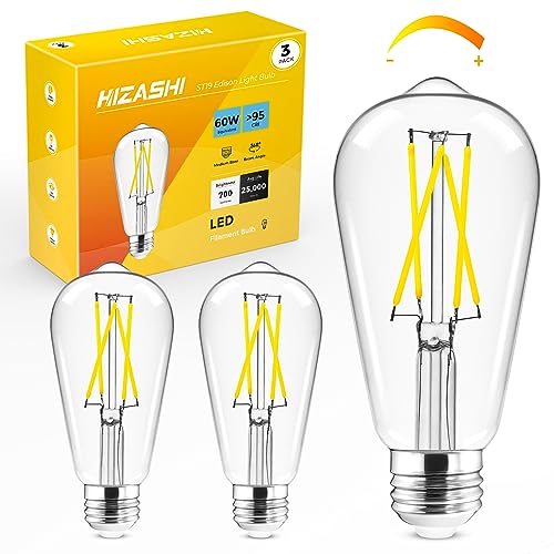 Hizashi LED Edison Bulbs, 6W, Equivalent 60W, Dimmable E26 LED Bulb, Daylight 5000K, 90+ CRI 700 Lumens, ST19 Vintage Light Bulbs, Clear Glass, Pack of 3 Daylight 5000k 3 Pack