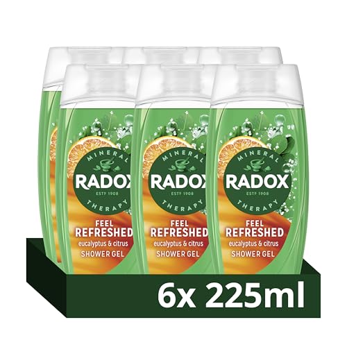 Radox Mineral Therapy Feel Refreshed Body Wash Shower Gel uniquely blended with herbs, minerals and a eucalyptus & citrus oil fragrance for a refreshing experience 225 ml, Pack of 6