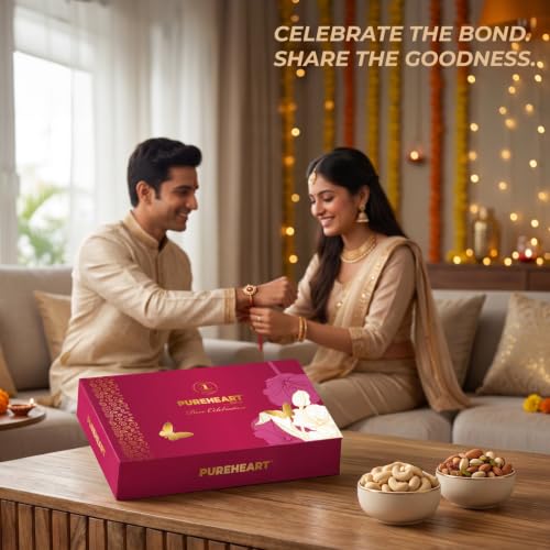 Image of PUREHEART Rakhi Gift Hamper- Vanilla Cashew & Choco Almonds, Cherokee Trail Mix, Sweet & Salt Nutmix (25 g Each) with Chocolate and Floral Rakhi for Brother, Gift Card, Pooja Rice, Kumkum - Crunchy Dry Fruits and Nuts