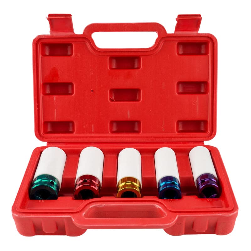 IHVBRHHM Juego de 5 Dados de Impacto Profundo para Tuercas de Rueda de 1/2 Pulgada, Dado Protector de llanta de Pared Delgada, Caja de Herramientas de reparación de automóviles codificada por Colores