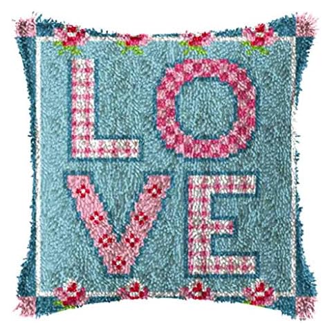 Latch Hook Kit Cushion DIY Pillowcase Crocheting Handmade Baby, DIY Throw Pillow Cover Sofa Cushion Cover Kits Weeding And Parents Gift Dog,Love,42 * 42cm/16.5 * 16.5in Cover