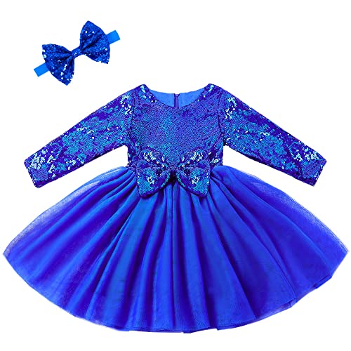 Cilucu Flower Girl Dresses Baby Toddlers Sequin Party Dress Tutu Prom Cocktail Gown with Long Sleeve Royal Blue Christmas New Years 4T-5T