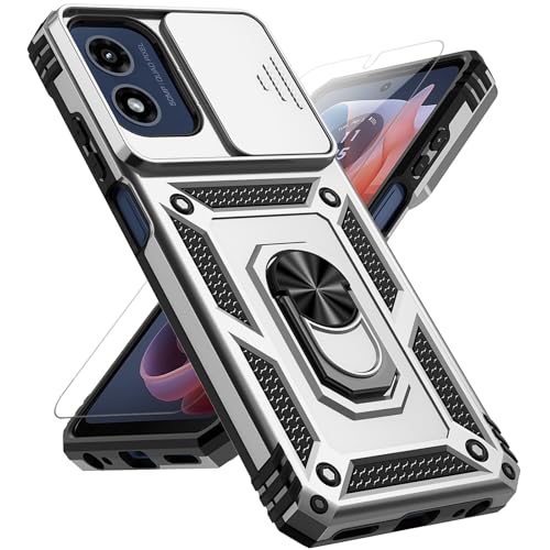 for Motorola Moto G 5G 2024 Case with Slide Camera Cover HD Screen Protector [Military Grade Drop Tested] Magnetic Ring Holder Kickstand Protective Phone Case for Motorola Moto G 5G 2024, Silver