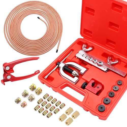mxuteuk 25 ft 3/16inch Copper Coated Brake Line Kit(Includes 24 Fittings and 4 Unions) with Tube Bender and Double & Single Flaring Tool Kit