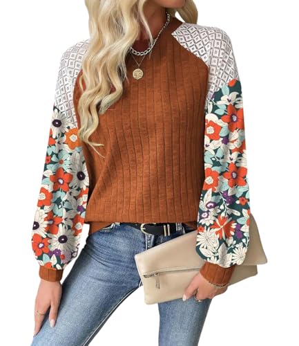 Women's Knit Floral Long Sleeve Sweaters Pullover Crewneck Cute Cozy Color Block Long Sleeve Sweaters Tops