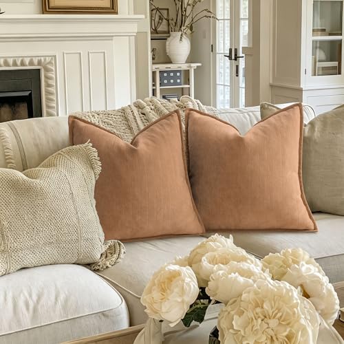 Image of ZWJD Camel Pillow Covers 20x20 Set of 2 Chenille Throw Pillow Covers with Elegant Design Soft and Luxurious Decorative Throw Pillows for Couch, Bed, and Home Decor