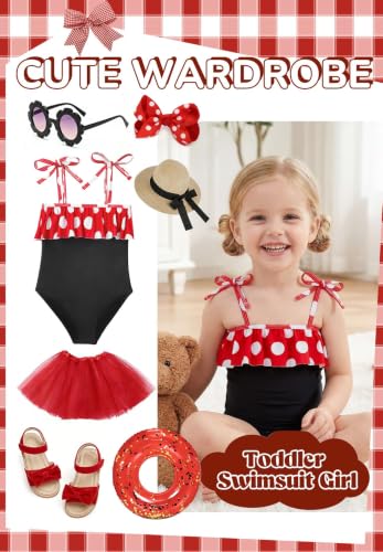 Image of Zando Toddler Swimsuit Girl - Cute Ruffle Sling Toddler Bathing Suit Girl, Kids Swimwear with Adjustable Straps, One Piece 3t Swimsuit Girls for Summer Beach Vacation Wear Black and Red Dots 2-3T