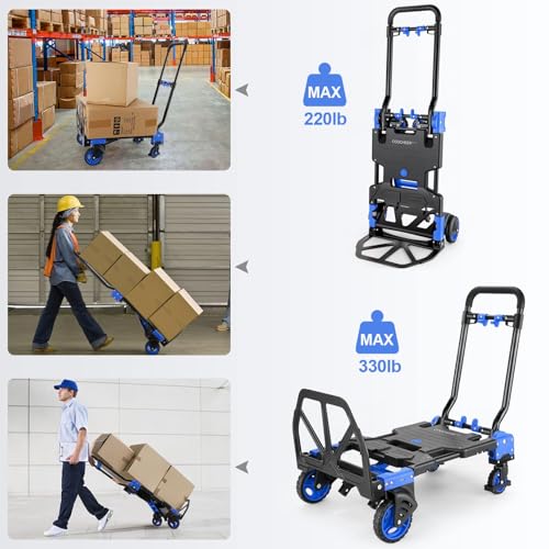Image of Heavy Duty 330lbs Folding Hand Truck, 2 in 1 Alu Foldable Dolly, Blue