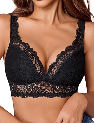 Avidlove Lace Bralettes Women V Neck Wireless Bras Unlined Basic Cami Sexy Comfy Everyday Wirefree Lingerie Unpadded Black