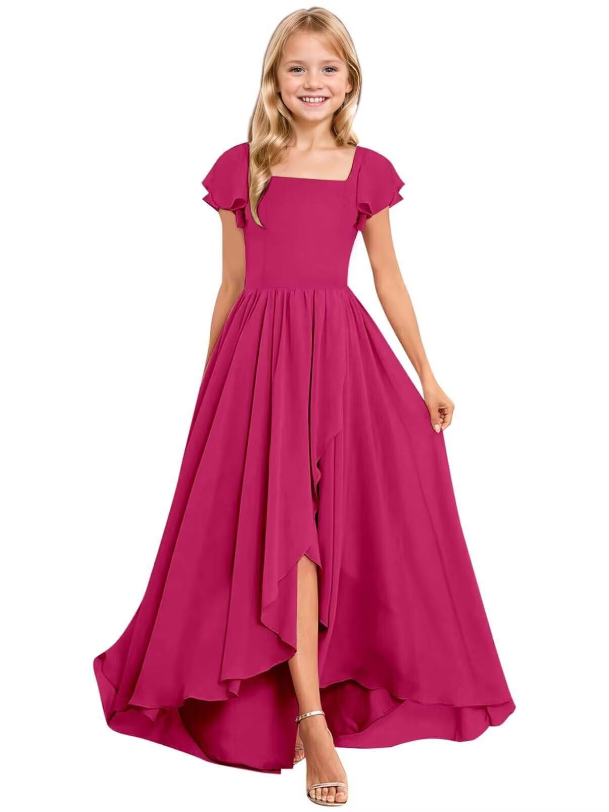 Junior Bridesmaid Dresses Square Neck Chiffon Flower Girl Dress Ruffle Girls Formal Wedding Party Dress