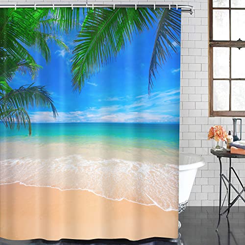 Beach Ocean Palm Bathroom Set With Shower Curtain And Rugs Accessories, Tropical Coast Sea Sunrise Shower Curtain For Bathroom Dusk Summer Hawaiian Bathroom Decor 4 Pcs #TOP1