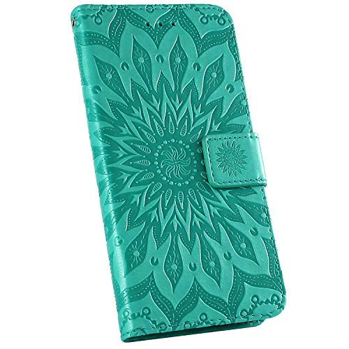 Ysimee Hülle kompatibel mit Samsung Galaxy A20e Handy Schutzhülle/Klapphülle PU Lederhülle mit Standfunktion und Kartenfach, Blumen Muster Tasche Einfarbig, Leder Handyhülle - (Grün) Cover