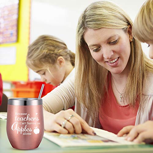 Patelai 6 Pieces Thank You Gift Idea For Teachers, Teacher Graduation Appreciation Coffee Mug For Women Men Preschool Elementary Teacher, 12Oz Wine Tumbler And Lids Straws Brushes (Simple Rose Gold) #TOP1
