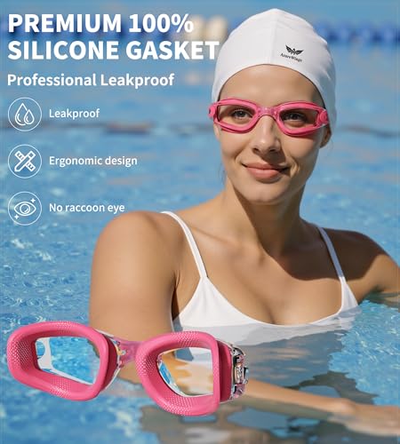 AzureWings Swim Goggles，2 Pack Swimming Goggles for Adult Men Women, No Leak Anti-Fog & UV, Wide Visio HD Mirror PC Lens (Purple+Pink) — view 3