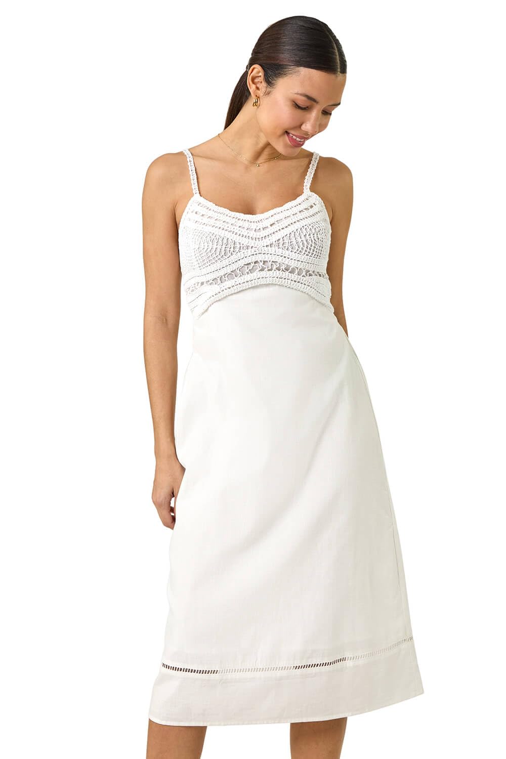 Roman Women's White Lace Panel Strappy Midi Dress In | Size: 20