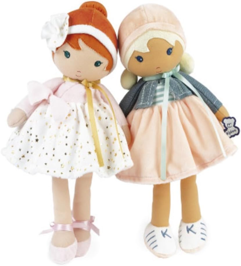 Kaloo Tendresse My First Fabric Doll Chloe K 9.75” Medium Soft Plush Figure in Peach and Striped Dress, Denim Jacket and Blonde Hair with Embroidered Face Machine Washable for Ages 0+, K963659