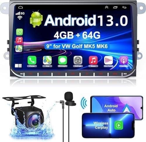 [4+64G] Android 13 Car Stereo for Volkswagen VW Passat/Golf/Jetta/Tiguan Support Wireless Carplay&Android Auto, 9 inch IPS Touchscreen VW Radio with GPS, WiFi, FM Radio+AHD Backup Camera+MIC