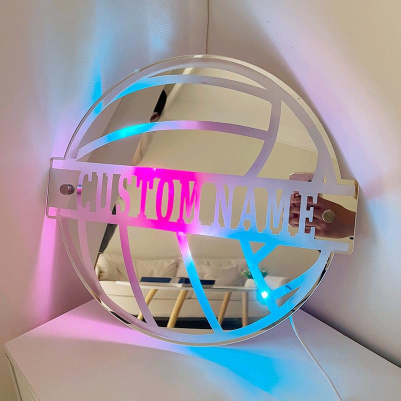 Personalized Mirror Light Volleyball Neon Sign,Custom Name Neon Volleyball Ball Sign, Volleyball Sport Neon Night Light for Bedroom,Birthday Home Decor Club Kids Sport Gifts for volleyball Lover