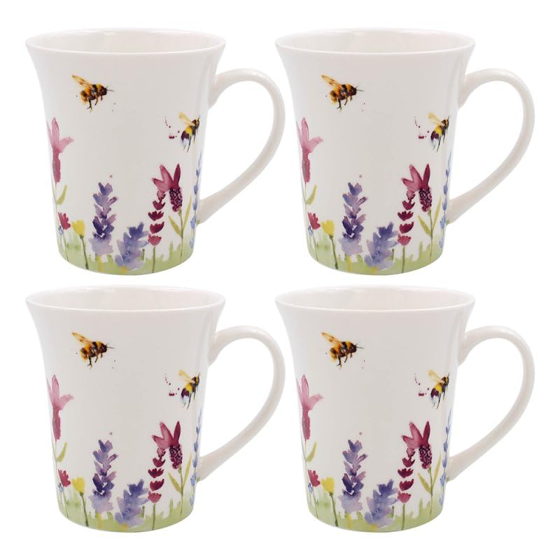 Lesser & Pavey Set of 4 British Designed Coffee Mug, Lavender & Bees, 8.8 cm (diameter) x 10 cm (height)