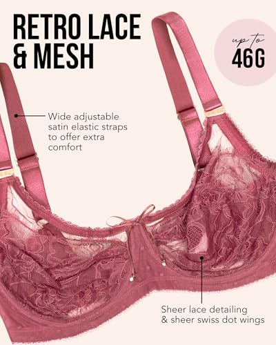Image of Smart & Sexy Women's Full Coverage Unlined Underwire Bra, Lace & Mesh See Through Bra, Plus Size Lingerie Inspired Retro Bra