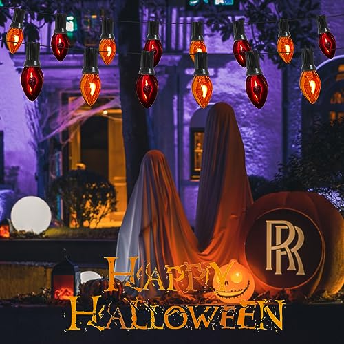 Image of 25Ft C7 Halloween Orange Purple String Lights Outdoor, Christmas Decorations Patio Light with 25 Orange /Purple Flickering Flame Lights Waterproof UL Listed for Outdoor Party Garden Bistro Roof Decor