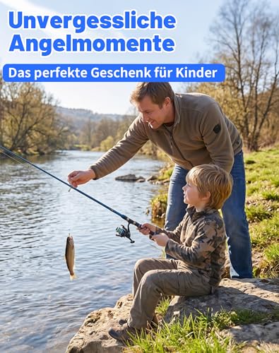 Angelset Kinder 1,8 m – Kinder Angelrute Set mit Angelrolle, Ködern & Zubehör, Teleskop Angel Starter Set mit Tragetasche Komplettes Angel Starter Set für Anfänger 3–10 Jahre
