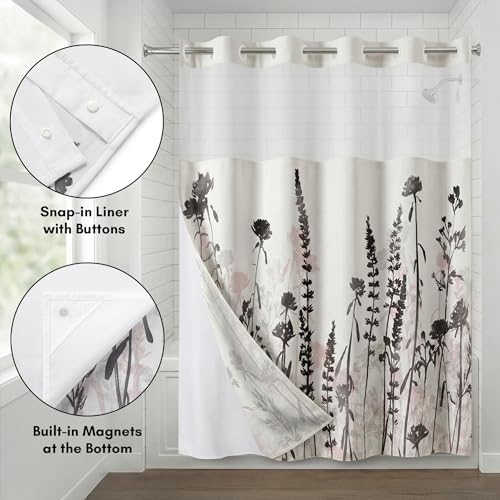 Americanflat 72x75 Hookless Shower Curtain - Water-Resistant Floral Shower Curtain with Sheer Panel, Snap-in Liner, and Grommets - 100% Polyester - Botanical Bathroom Curtains - Black, Pink and White by Americanflat - Used condition - Image 4