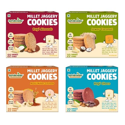 Image of Satvikveda Millet Jaggery Cookies 200g (Combo of 4) | Ragi Almonds, Multi Millet Cashew, Jowar Coconut, Ragi Choco | Healthy Biscuit with Millets, Jaggery, Butter & Dryfruits| No Maida, Refined Sugar Free Biscuits | Nutritious Snacks for Kids