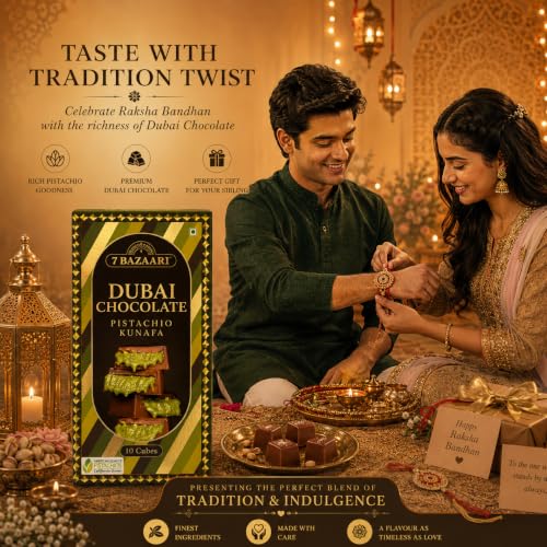 Image of 7BAZAARI Rakhi Gift Hamper: Premium Dubai Kunafa Pistachio Chocolate (10 Pcs) | Luxury Raksha Bandhan Gourmet Treats