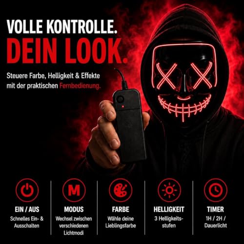 Costumed Halloween Maske Purge LED - Kostümmaske steuerbar für Halloween, Fasching & Karneval als Kostüm & Verkleidung für Herren & Damen (… – Ansicht 3