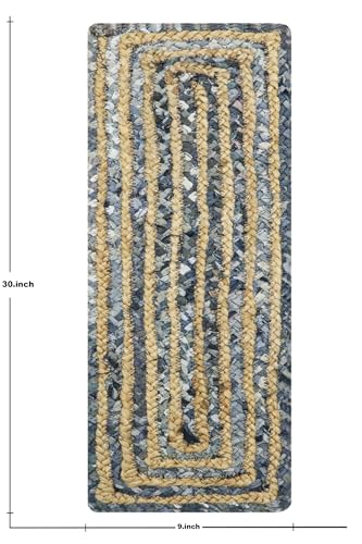 Tapis d'escalier en jute de coton chindi bleu et beige rustique - 3