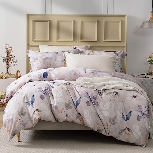 MILDLY 100% Long-Staple Cotton Duvet Cover Set Light Gray Pink Floral Leaf Pattern Printed Comforter Cover 3pcs, Ultra Soft & Breathable Bedding Set