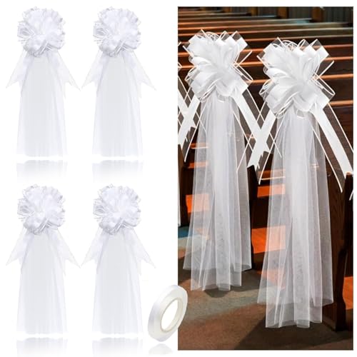 YYUEZHI 4 Pièces Nœuds De Voiture Mariage, Noeud Voiture Mariage Blanc Tulle, Gros Nœuds Cadeau, Décoration Allée de Mariage, pour Chaise D'église,...
