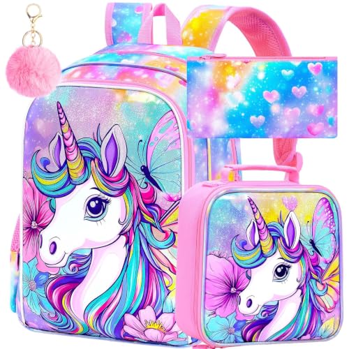 Image of 3Pcs Unicorn Backpack for Girls, 16 inch Kids Bookbag Set with Lunch Box,School Backpacks for Elementary Preschool Kindergarten (Rainbow)