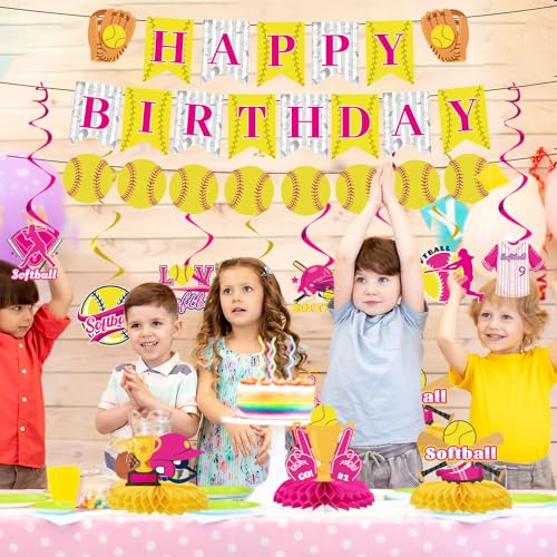 Image of Softball Birthday Party Decorations - Themed Happy Banner, Hanging Swirls, Honeycomb Centerpieces, Table Decor, Sports Party Supplies