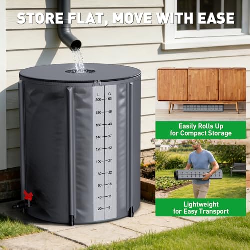 Yesker Collapsible Rain Barrel, 53 Gallon Portable Rainwater Collection System, 550D PVC Water Storage Tank, Rain Catcher with Spigots Filter Overflow Kit, Grey by Yesker - Used condition - Image 6