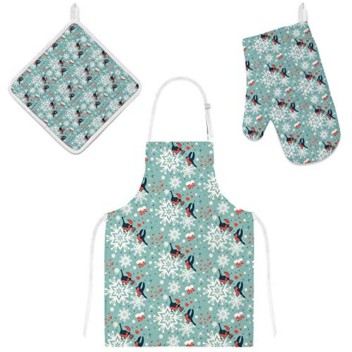 Tabliers de cuisine oiseaux de Noël avec gants de four isolants
