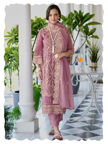 Image of INDO ERA Women's Organza Kurta and Pant with Dupatta Set