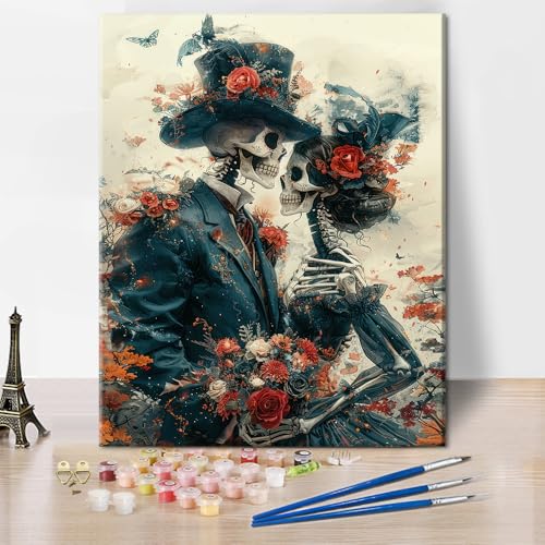 TISHIRON Romántico diseño de calavera pintura por números, rosas y mariposas, 40 x 50 cm, estilo de pintura al óleo sobre lienzo (sin marco), set de arte para coleccionistas