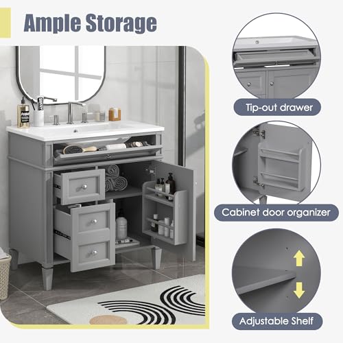 Image of Favfurish 30-Inch Bathroom Vanity with Sink Combo,Undermount Single Basin Vanity Set w /Tip-Out and 2 Drawers,1 Soft Closing Door,Modern Storage Cabinet for Small Space Bathroom,Easy Assembly,Grey
