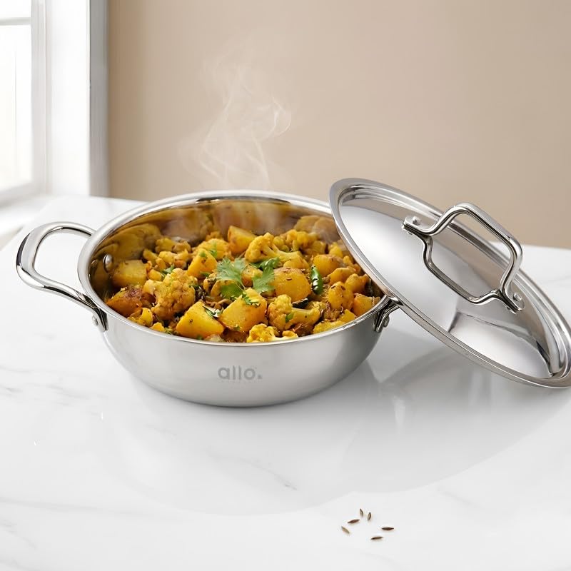 Image of Allo Triply Stainless Steel Kadhai with Handles|Perfect Kadhai for Curry /Stir-Fry /Deep-Fry /DryVeg /Saute Induction Friendly Naturally Non-Stick | 10 Years Warranty, with lid