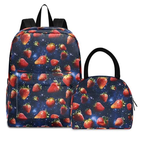 Backpack Lunch Box Set Large Capacity Travel Backpacks and Insulated Lunch Bag for Commute Hiking Picnic Universe Strawberry Print - Main Image