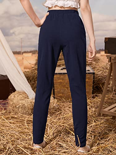 Image of Milumia Girl's Casual Elastic High Waisted Pocket Long Tapered Pants Solid Trousers Navy 8-9 Years