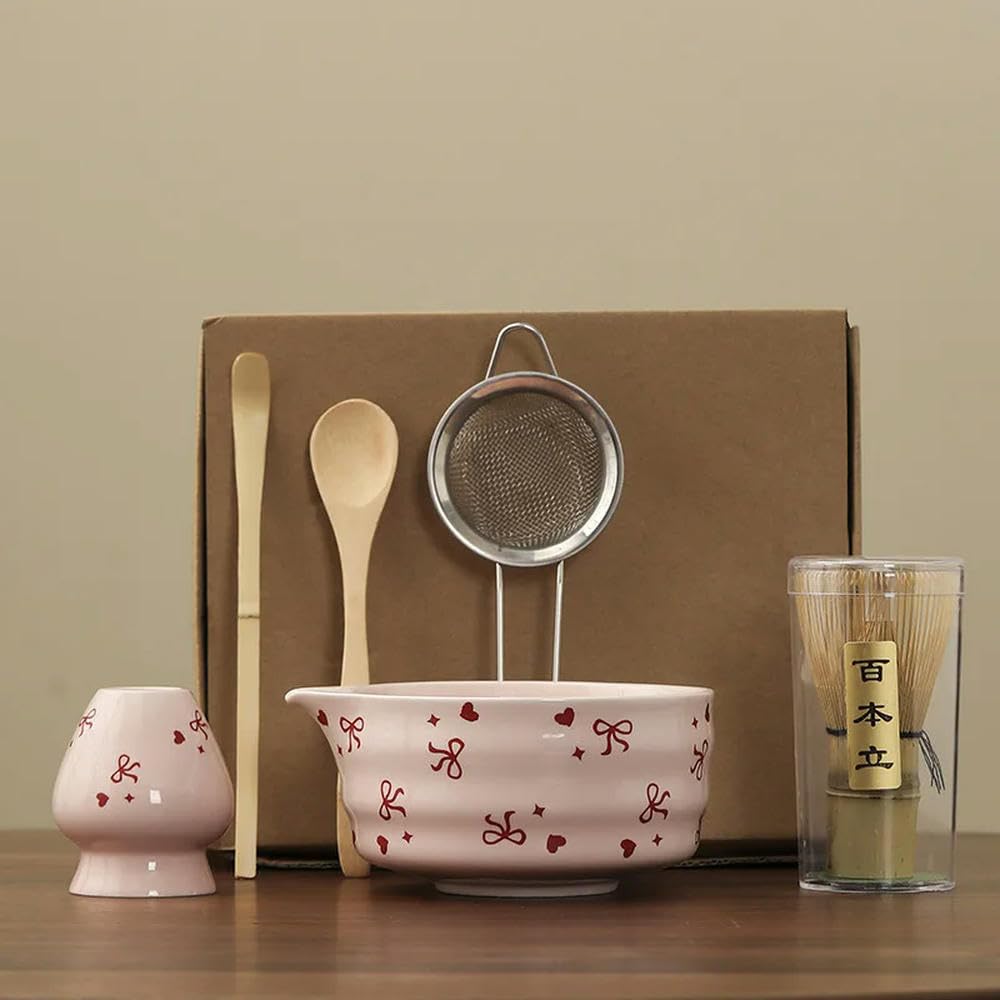 (6 sztuk)/zestaw do herbaty japońska ceramiczna matcha z kokardą w kształcie misia miska do matcha łyżka narzędzia do parzenia herbaty trzepaczka akcesoria do matcha