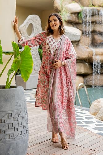 Image of MIRCHI FASHION Women's Straight Fit Pure Cotton Embellished Floral Printed Kurta Set with Dupatta and Trouser