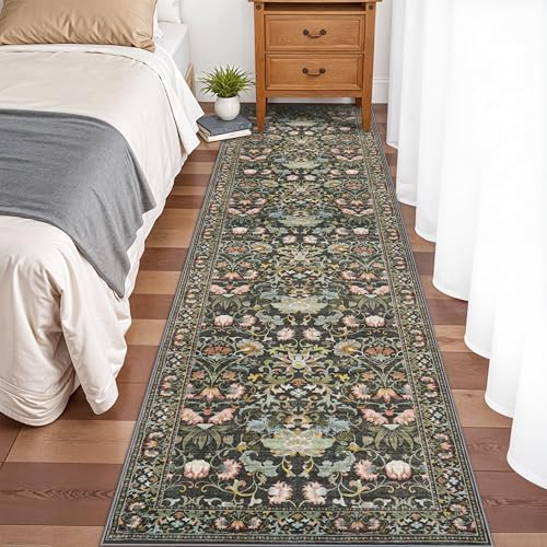 Washable 2x8 Hallway Runner Rug: Vintage Water-Resistant Kitchen Entryway Rug Ultra Soft Living Room Bedroom Carpet with Non Slip Backing Indoor Low Pile Floor Mat for Bathroom Dining Room(2x8,Green)
